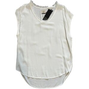 Tina Jo Boho Relaxed Top Size Small Ivory Fringe Neck Drape Sleeveless NWT